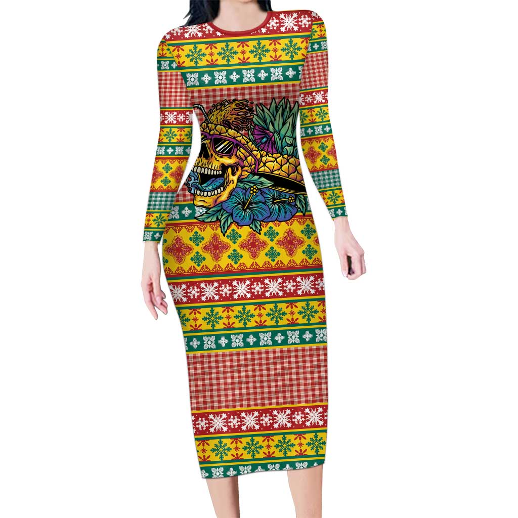Hawaiian Pineapples Skull Family Matching Long Sleeve Bodycon Dress and Hawaiian Shirt Mele Kalikimaka Palaka Quilt Pattern LT9 Yellow - Polynesian Pride