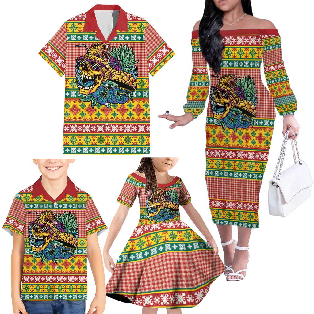 Hawaiian Pineapples Skull Family Matching Off The Shoulder Long Sleeve Dress and Hawaiian Shirt Mele Kalikimaka Palaka Quilt Pattern - Polynesian Pride