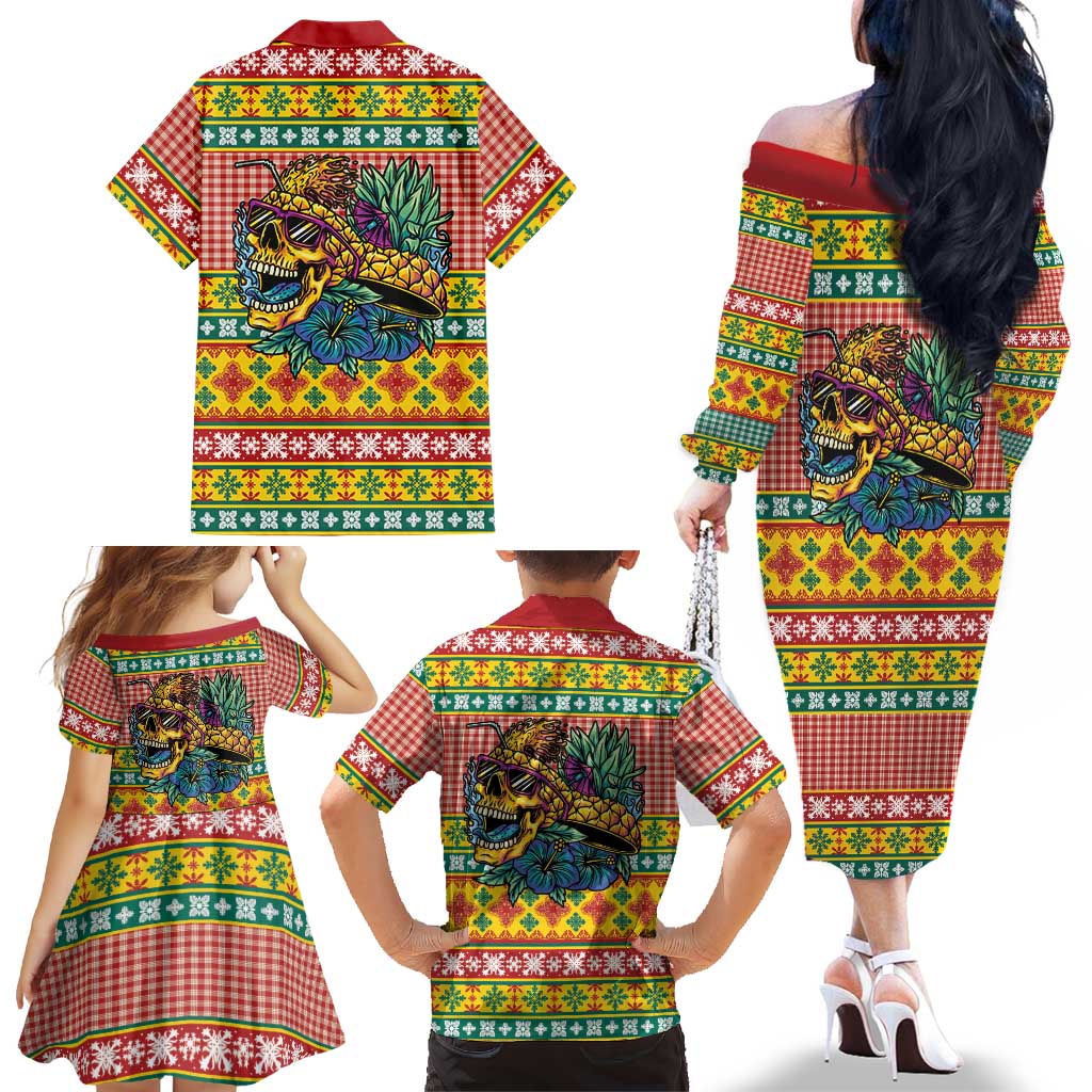 Hawaiian Pineapples Skull Family Matching Off The Shoulder Long Sleeve Dress and Hawaiian Shirt Mele Kalikimaka Palaka Quilt Pattern LT9 - Polynesian Pride