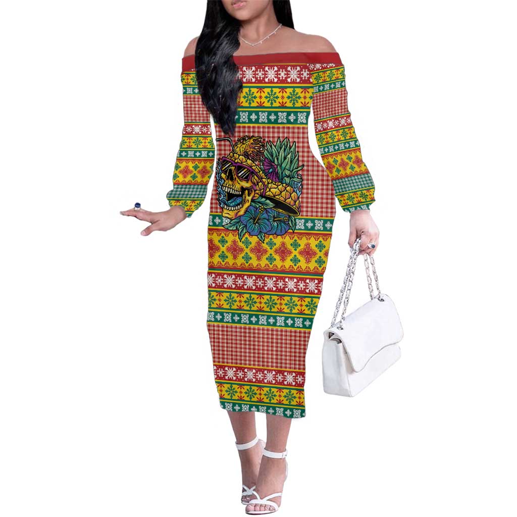 Hawaiian Pineapples Skull Family Matching Off The Shoulder Long Sleeve Dress and Hawaiian Shirt Mele Kalikimaka Palaka Quilt Pattern LT9 Yellow - Polynesian Pride
