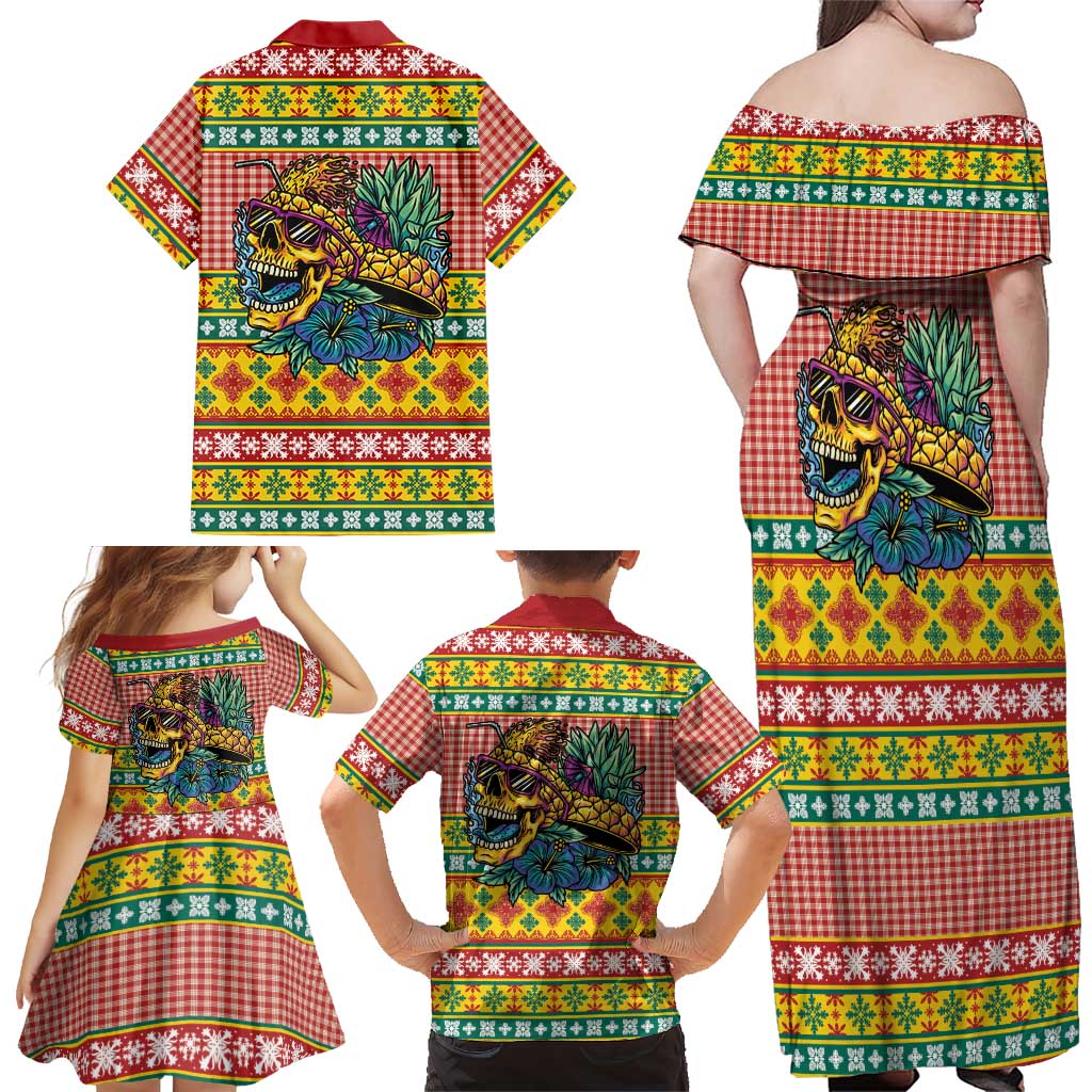 Hawaiian Pineapples Skull Family Matching Off Shoulder Maxi Dress and Hawaiian Shirt Mele Kalikimaka Palaka Quilt Pattern - Polynesian Pride