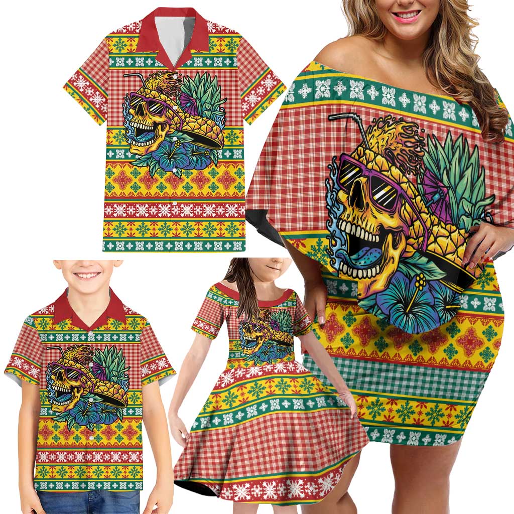 Hawaiian Pineapples Skull Family Matching Off Shoulder Short Dress and Hawaiian Shirt Mele Kalikimaka Palaka Quilt Pattern - Polynesian Pride