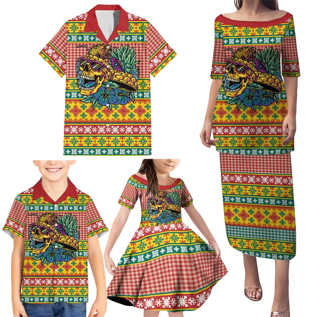 Hawaiian Pineapples Skull Family Matching Puletasi and Hawaiian Shirt Mele Kalikimaka Palaka Quilt Pattern - Polynesian Pride
