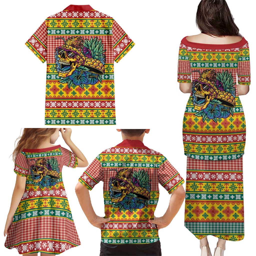 Hawaiian Pineapples Skull Family Matching Puletasi and Hawaiian Shirt Mele Kalikimaka Palaka Quilt Pattern - Polynesian Pride