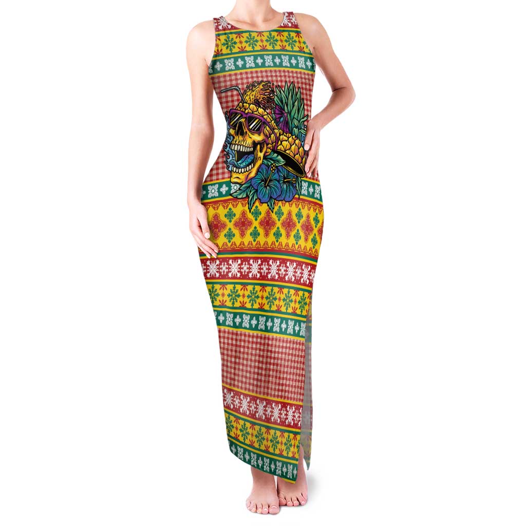 Hawaiian Pineapples Skull Family Matching Tank Maxi Dress and Hawaiian Shirt Mele Kalikimaka Palaka Quilt Pattern LT9 Yellow - Polynesian Pride