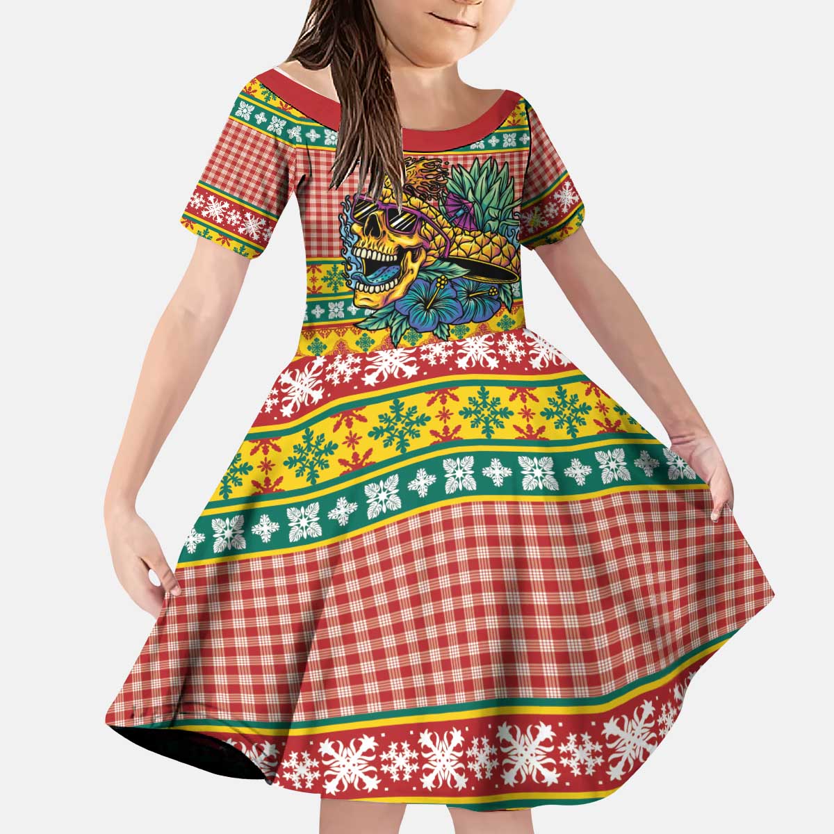 Hawaiian Pineapples Skull Kid Short Sleeve Dress Mele Kalikimaka Palaka Quilt Pattern - Polynesian Pride