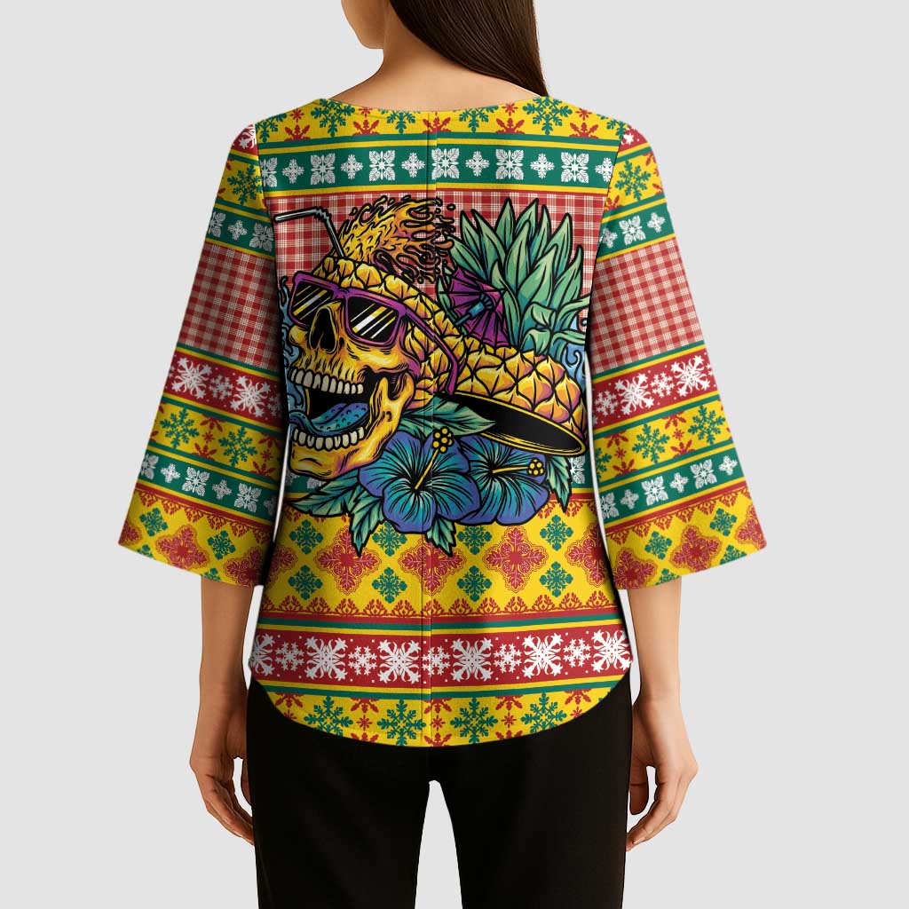 Hawaiian Pineapples Skull Kimono Sleeve Blouse Mele Kalikimaka Palaka Quilt Pattern - Polynesian Pride