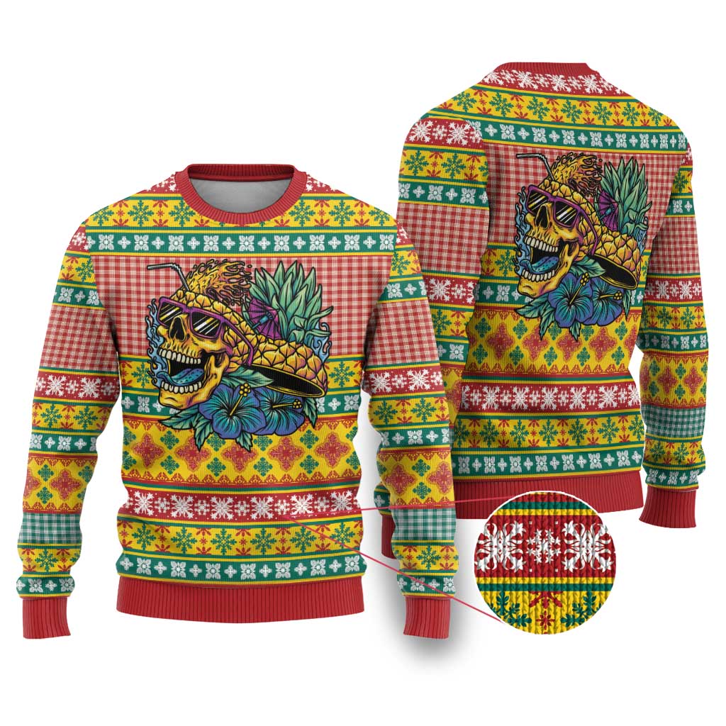 Hawaiian Pineapples Skull Ugly Christmas Sweater Mele Kalikimaka Palaka Quilt Pattern - Polynesian Pride