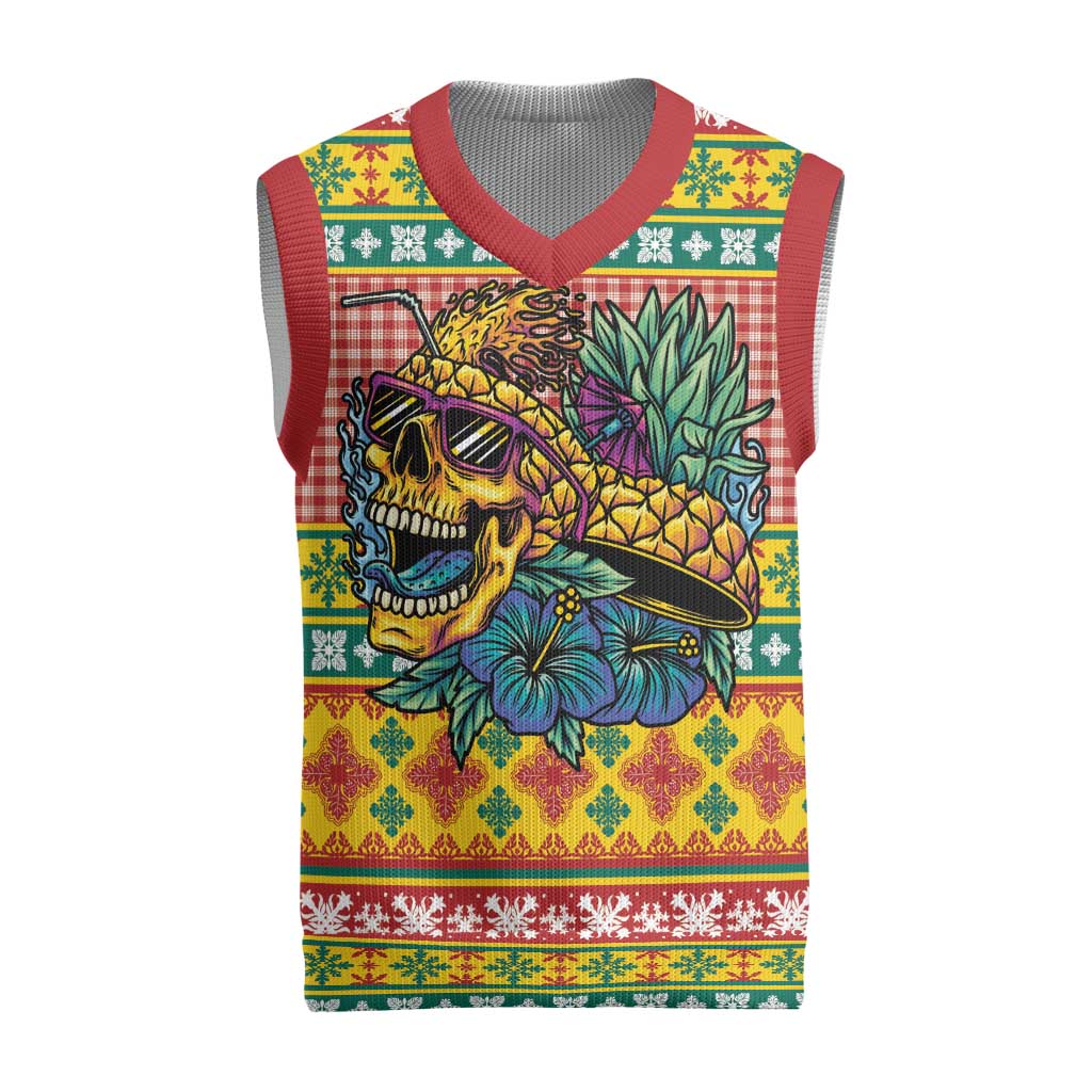 Hawaiian Pineapples Skull Christmas Knitted V-Neck Vest Mele Kalikimaka Palaka Quilt Pattern LT9 Yellow - Polynesian Pride