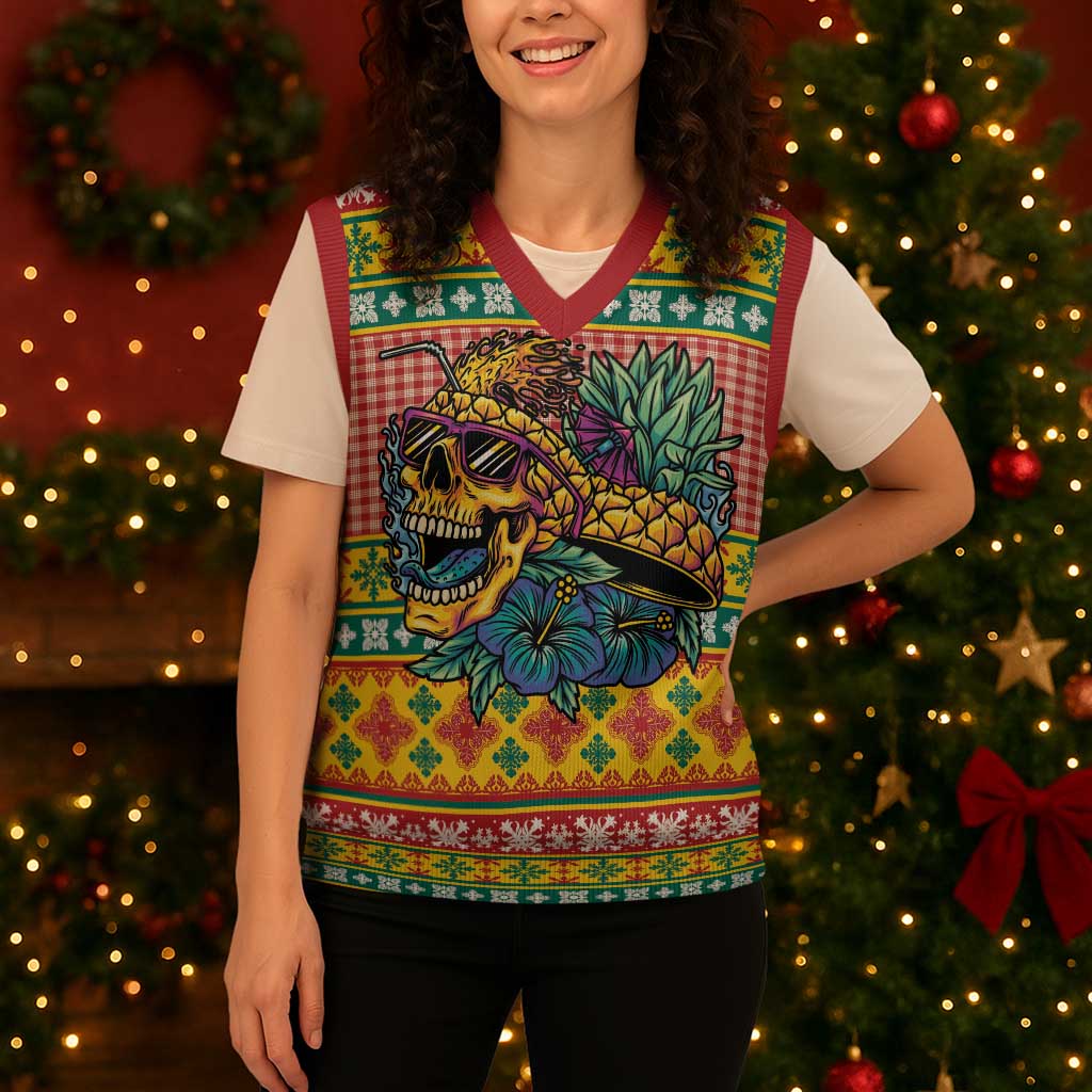 Hawaiian Pineapples Skull Christmas Knitted V-Neck Vest Mele Kalikimaka Palaka Quilt Pattern LT9 - Polynesian Pride