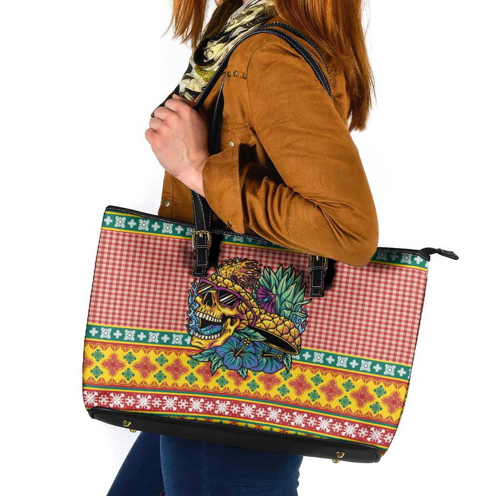 Hawaiian Pineapples Skull Leather Tote Bag Mele Kalikimaka Palaka Quilt Pattern - Polynesian Pride