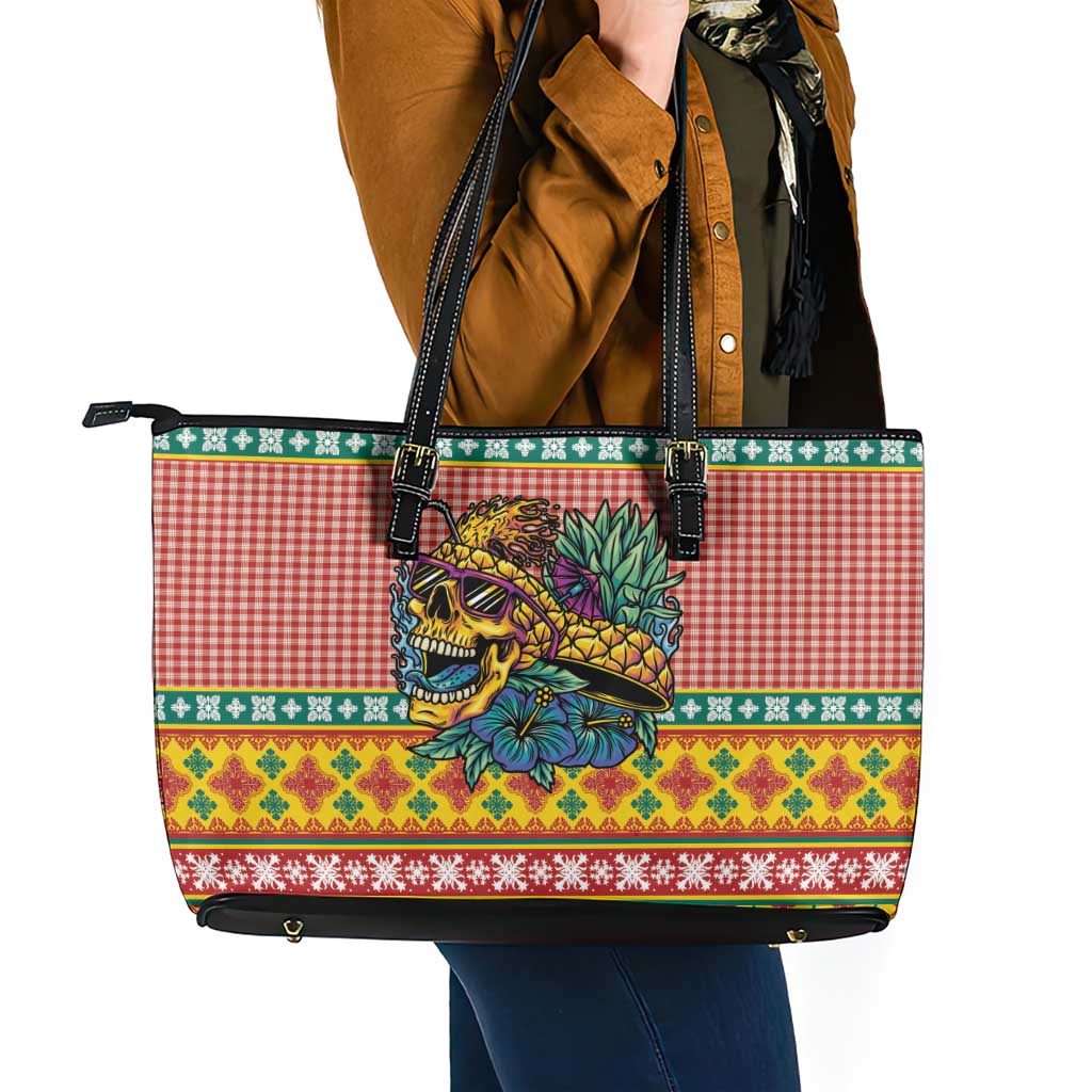 Hawaiian Pineapples Skull Leather Tote Bag Mele Kalikimaka Palaka Quilt Pattern - Polynesian Pride