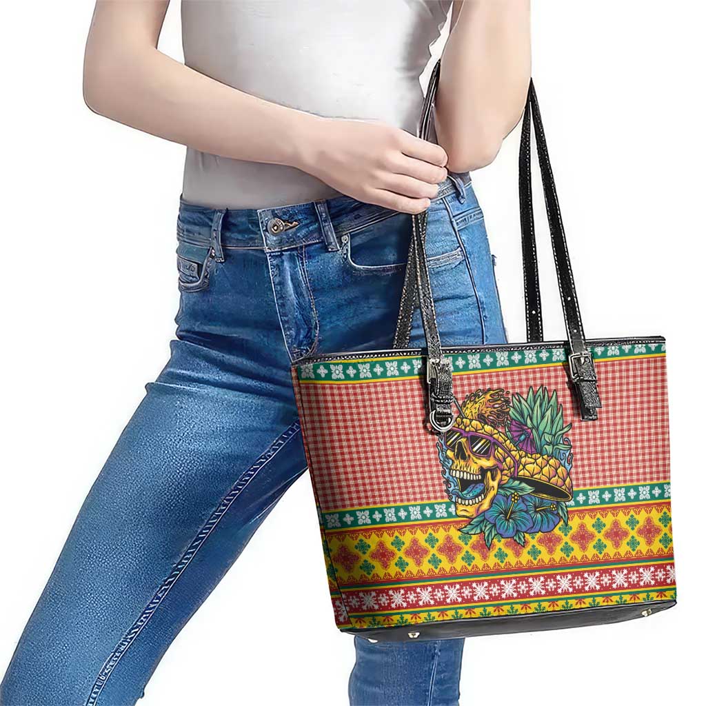 Hawaiian Pineapples Skull Leather Tote Bag Mele Kalikimaka Palaka Quilt Pattern - Polynesian Pride