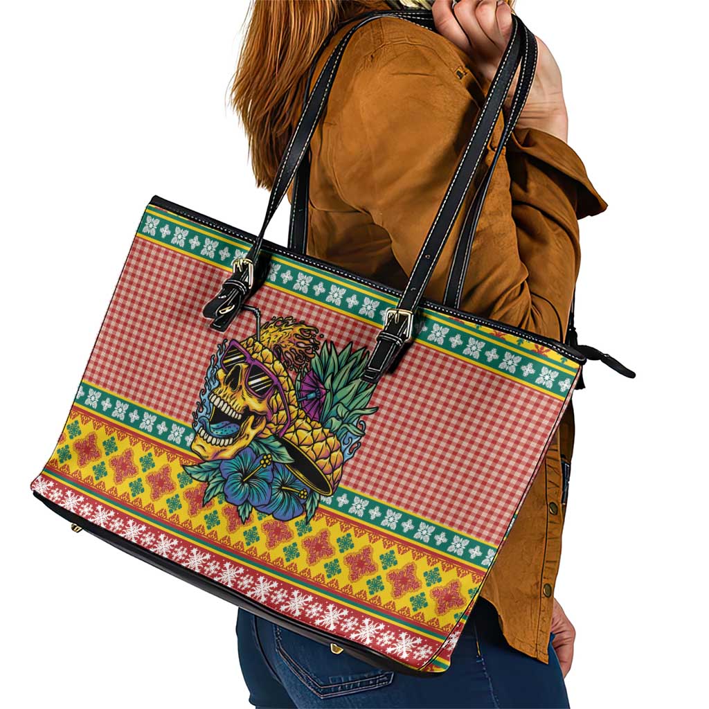 Hawaiian Pineapples Skull Leather Tote Bag Mele Kalikimaka Palaka Quilt Pattern - Polynesian Pride