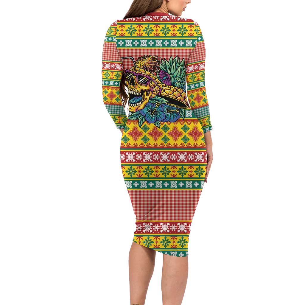 Hawaiian Pineapples Skull Long Sleeve Bodycon Dress Mele Kalikimaka Palaka Quilt Pattern - Polynesian Pride