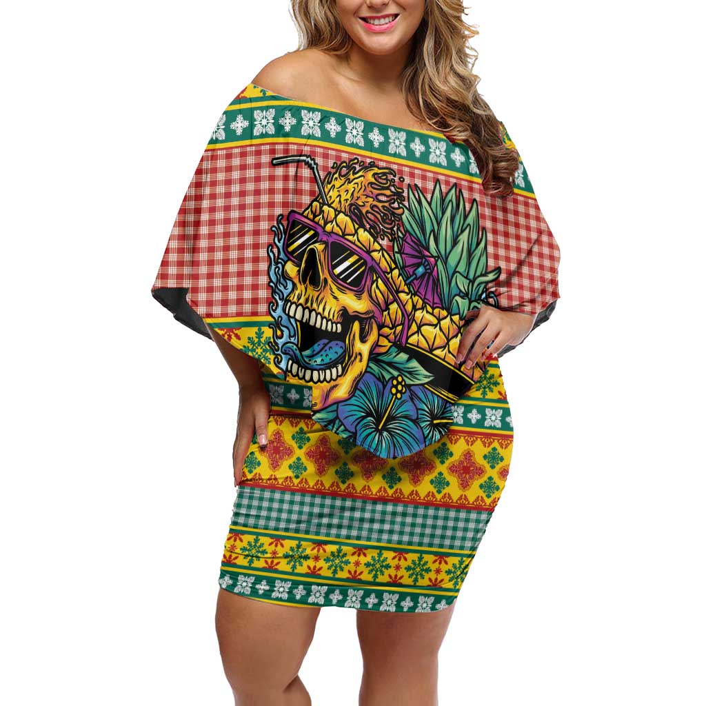 Hawaiian Pineapples Skull Off Shoulder Short Dress Mele Kalikimaka Palaka Quilt Pattern LT9 Women Yellow - Polynesian Pride