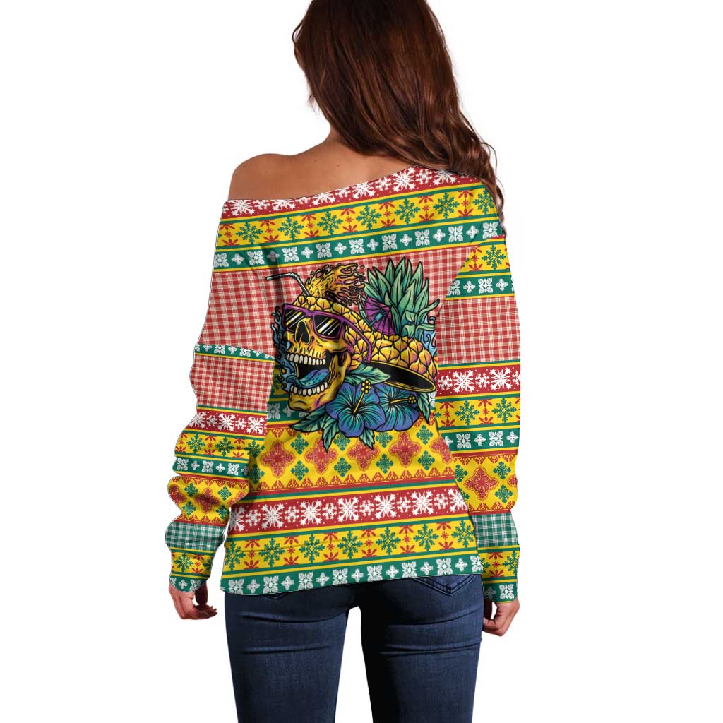 Hawaiian Pineapples Skull Off Shoulder Sweater Mele Kalikimaka Palaka Quilt Pattern - Polynesian Pride