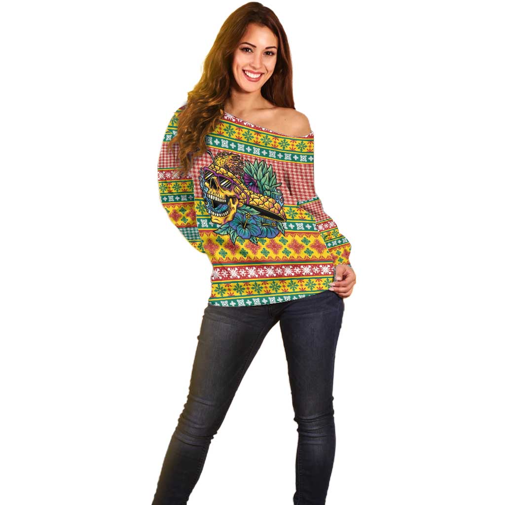 Hawaiian Pineapples Skull Off Shoulder Sweater Mele Kalikimaka Palaka Quilt Pattern - Polynesian Pride