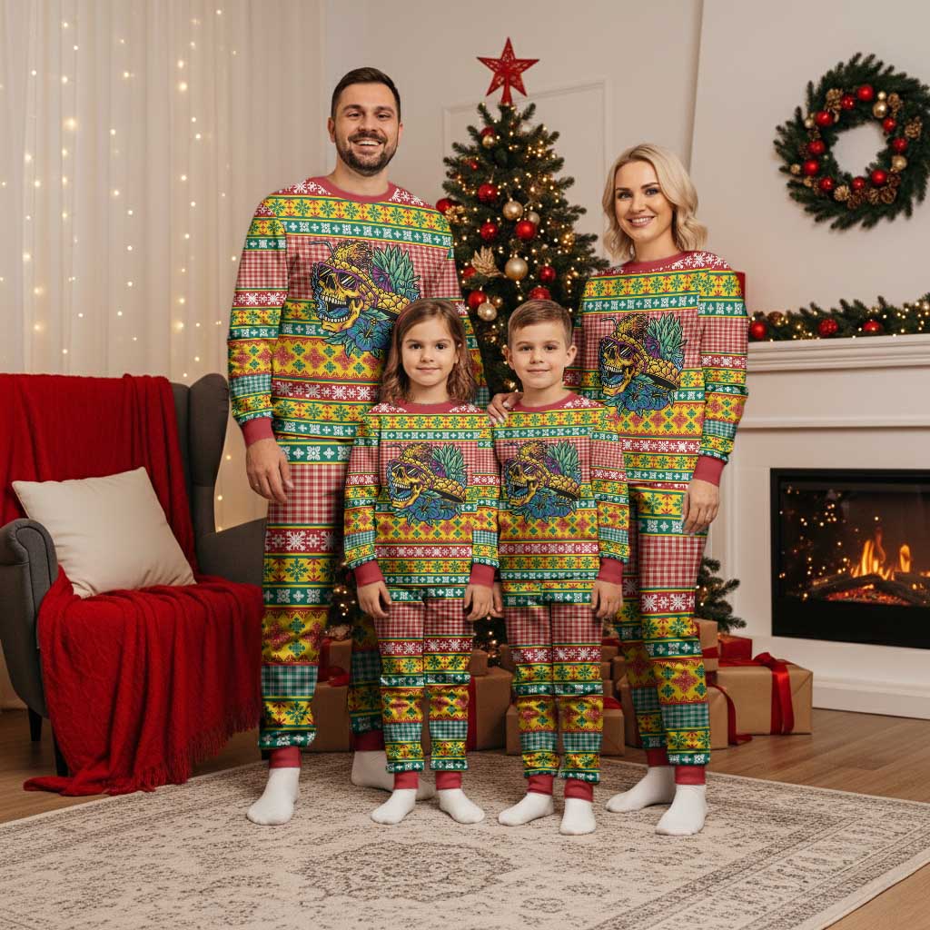 Hawaiian Pineapples Skull Christmas Pajama Set Mele Kalikimaka Palaka Quilt Pattern - Polynesian Pride