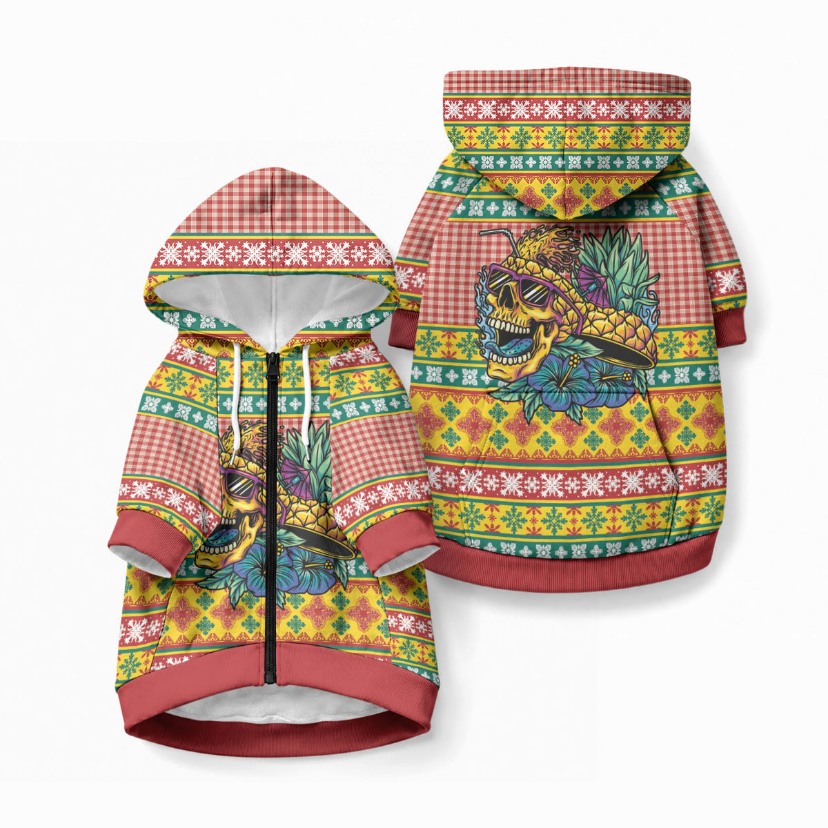 Hawaiian Pineapples Skull Pet Hoodie Mele Kalikimaka Palaka Quilt Pattern LT9 Zip-up Yellow - Polynesian Pride