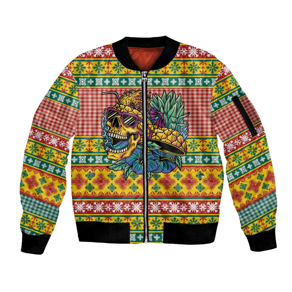 Hawaiian Pineapples Skull Sleeve Zip Bomber Jacket Mele Kalikimaka Palaka Quilt Pattern - Polynesian Pride