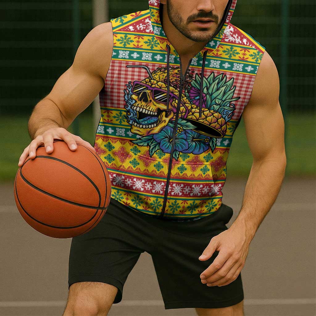 Hawaiian Pineapples Skull Sleeveless Zip Hoodie Mele Kalikimaka Palaka Quilt Pattern - Polynesian Pride