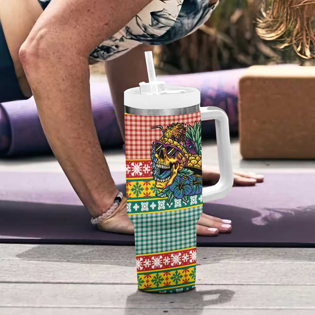 Hawaiian Pineapples Skull Tumbler With Handle Mele Kalikimaka Palaka Quilt Pattern - Polynesian Pride