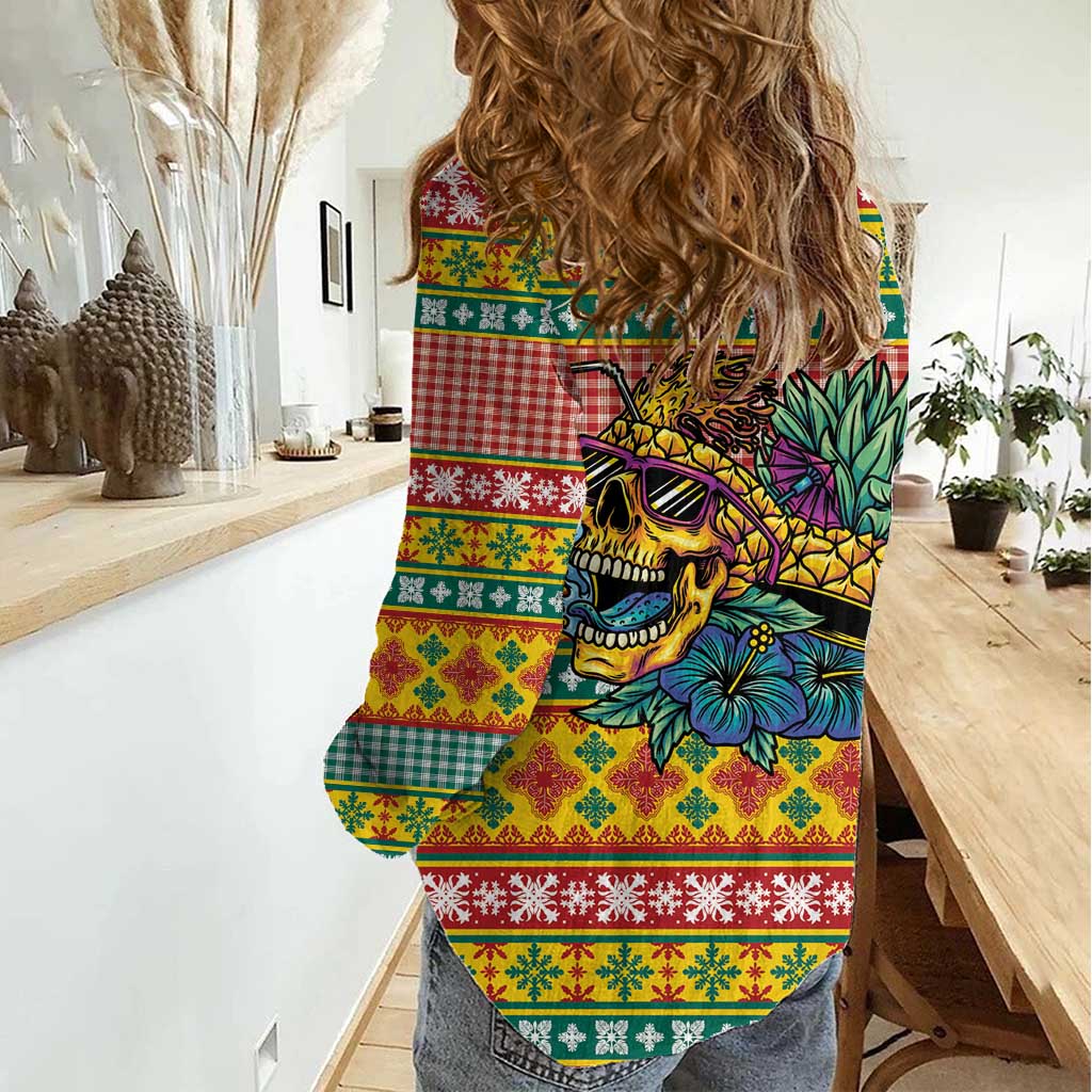 Hawaiian Pineapples Skull Women Casual Shirt Mele Kalikimaka Palaka Quilt Pattern - Polynesian Pride