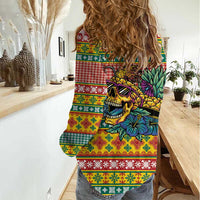 Hawaiian Pineapples Skull Women Casual Shirt Mele Kalikimaka Palaka Quilt Pattern - Polynesian Pride