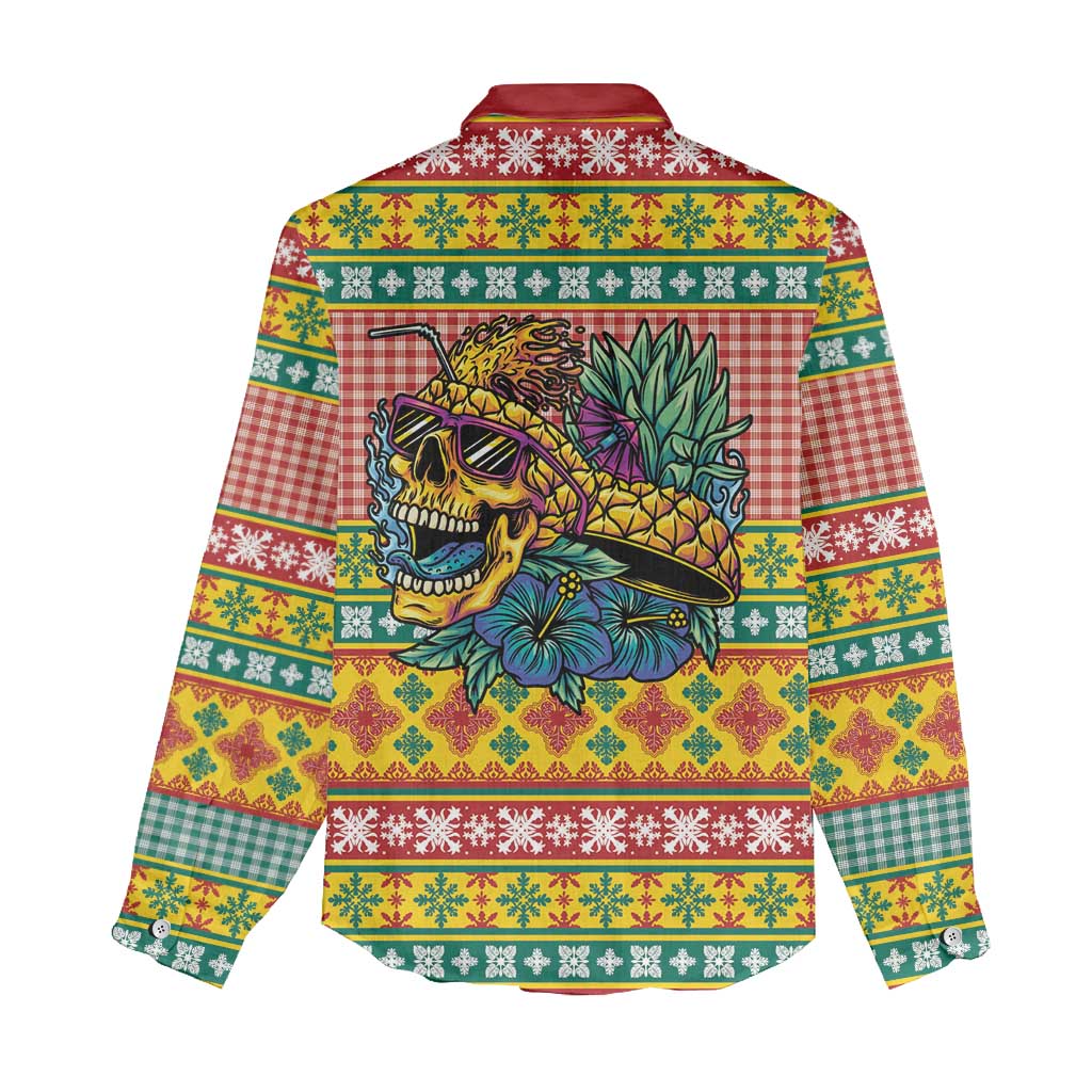 Hawaiian Pineapples Skull Women Casual Shirt Mele Kalikimaka Palaka Quilt Pattern - Polynesian Pride