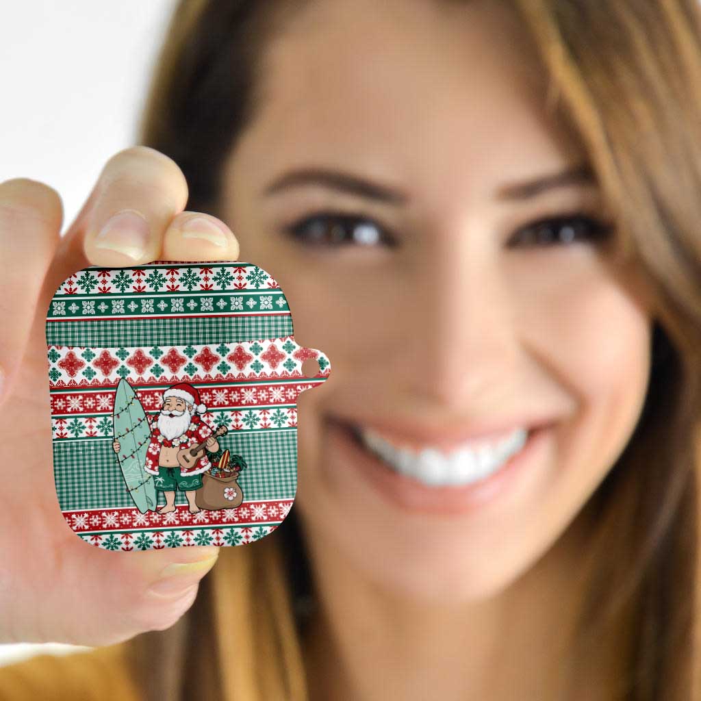 Hawaiian Funny Santa Surf AirPods Case Mele Kalikimaka Palaka Quilt Pattern - Polynesian Pride