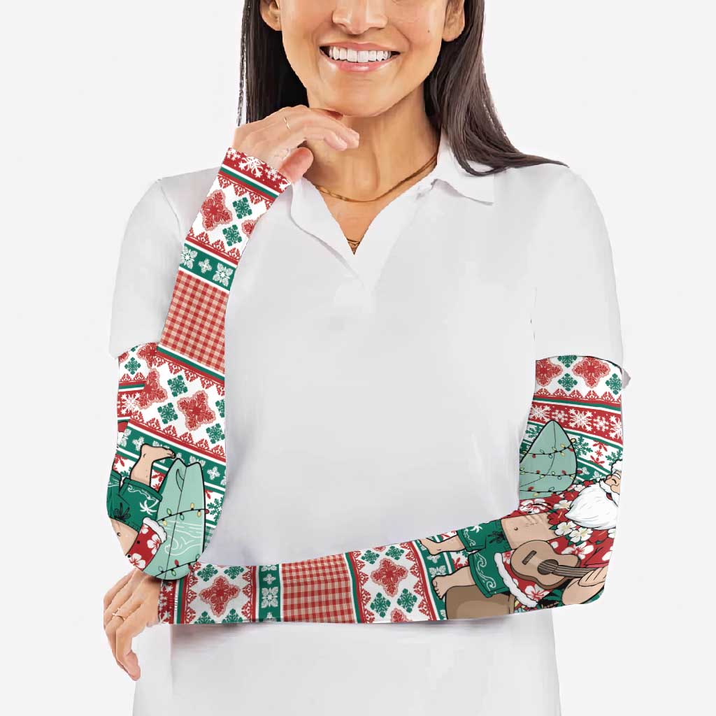 Hawaiian Funny Santa Surf Arm Sleeves Mele Kalikimaka Palaka Quilt Pattern - Polynesian Pride