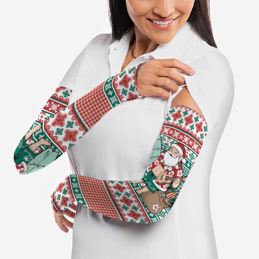 Hawaiian Funny Santa Surf Arm Sleeves Mele Kalikimaka Palaka Quilt Pattern - Polynesian Pride