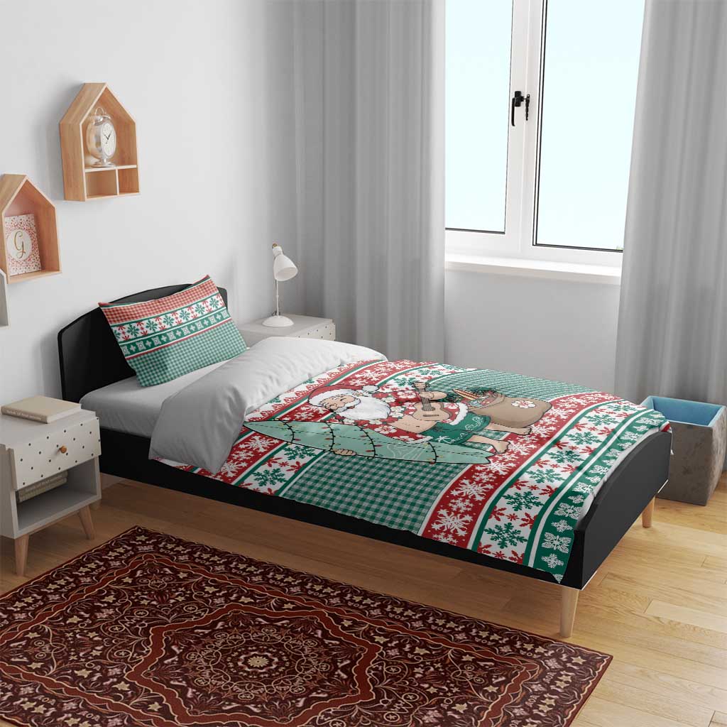Hawaiian Funny Santa Surf Bedding Set Mele Kalikimaka Palaka Quilt Pattern - Polynesian Pride