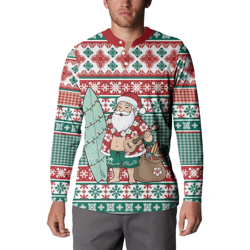 Hawaiian Funny Santa Surf Button Sweatshirt Mele Kalikimaka Palaka Quilt Pattern - Polynesian Pride