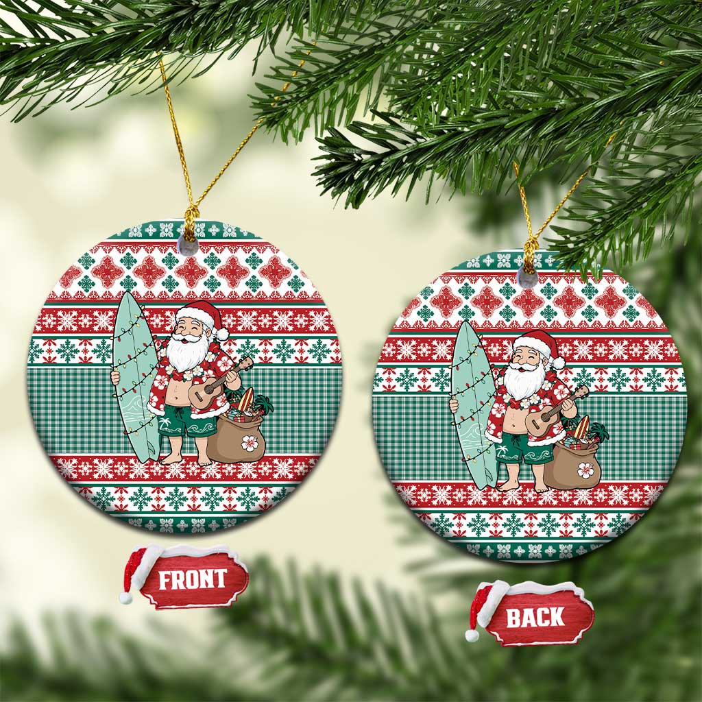 Hawaiian Funny Santa Surf Ceramic Ornament Mele Kalikimaka Palaka Quilt Pattern - Polynesian Pride