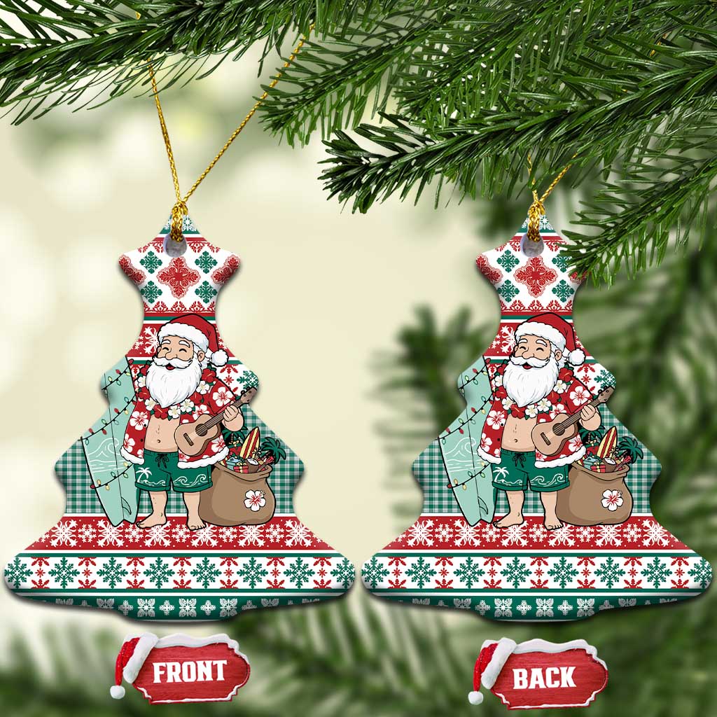 Hawaiian Funny Santa Surf Ceramic Ornament Mele Kalikimaka Palaka Quilt Pattern - Polynesian Pride