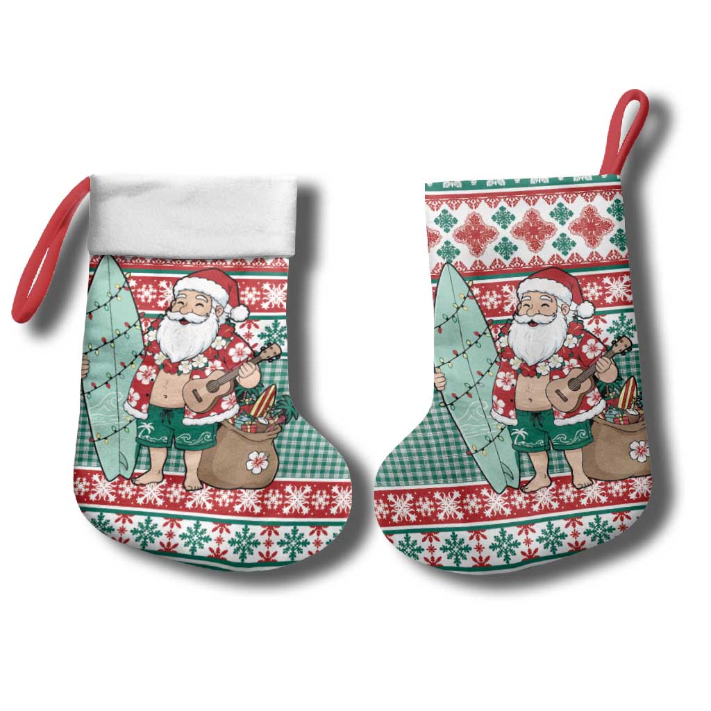 Hawaiian Funny Santa Surf Christmas Stocking Mele Kalikimaka Palaka Quilt Pattern - Polynesian Pride