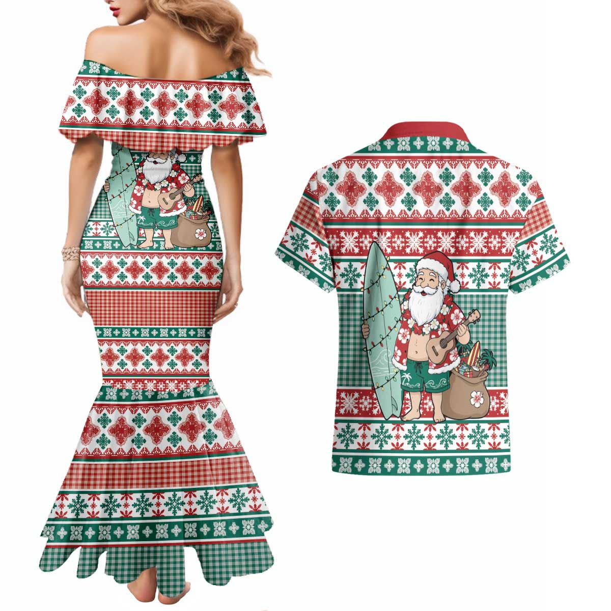 Hawaiian Funny Santa Surf Couples Matching Mermaid Dress and Hawaiian Shirt Mele Kalikimaka Palaka Quilt Pattern - Polynesian Pride