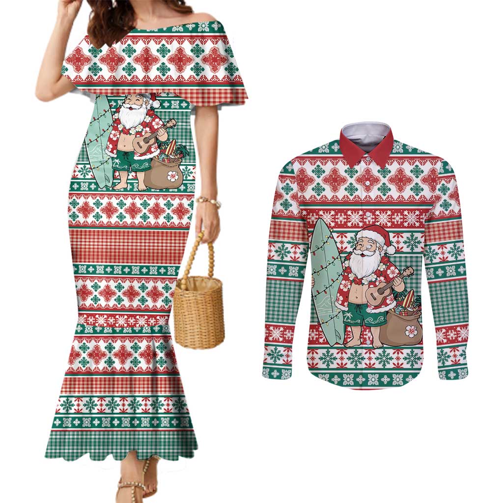 Hawaiian Funny Santa Surf Couples Matching Mermaid Dress and Long Sleeve Button Shirt Mele Kalikimaka Palaka Quilt Pattern - Polynesian Pride