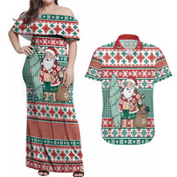 Hawaiian Funny Santa Surf Couples Matching Off Shoulder Maxi Dress and Hawaiian Shirt Mele Kalikimaka Palaka Quilt Pattern - Polynesian Pride