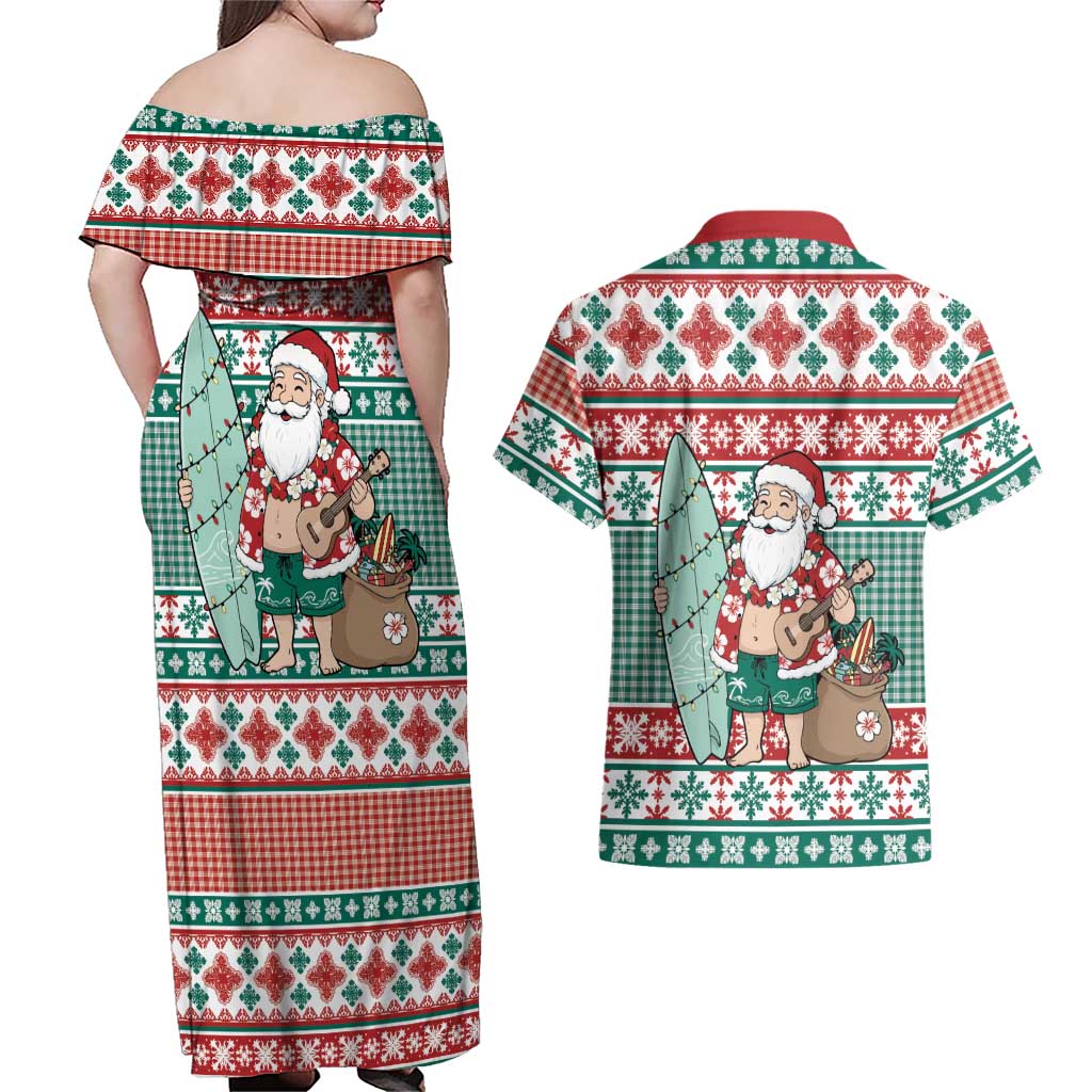Hawaiian Funny Santa Surf Couples Matching Off Shoulder Maxi Dress and Hawaiian Shirt Mele Kalikimaka Palaka Quilt Pattern - Polynesian Pride