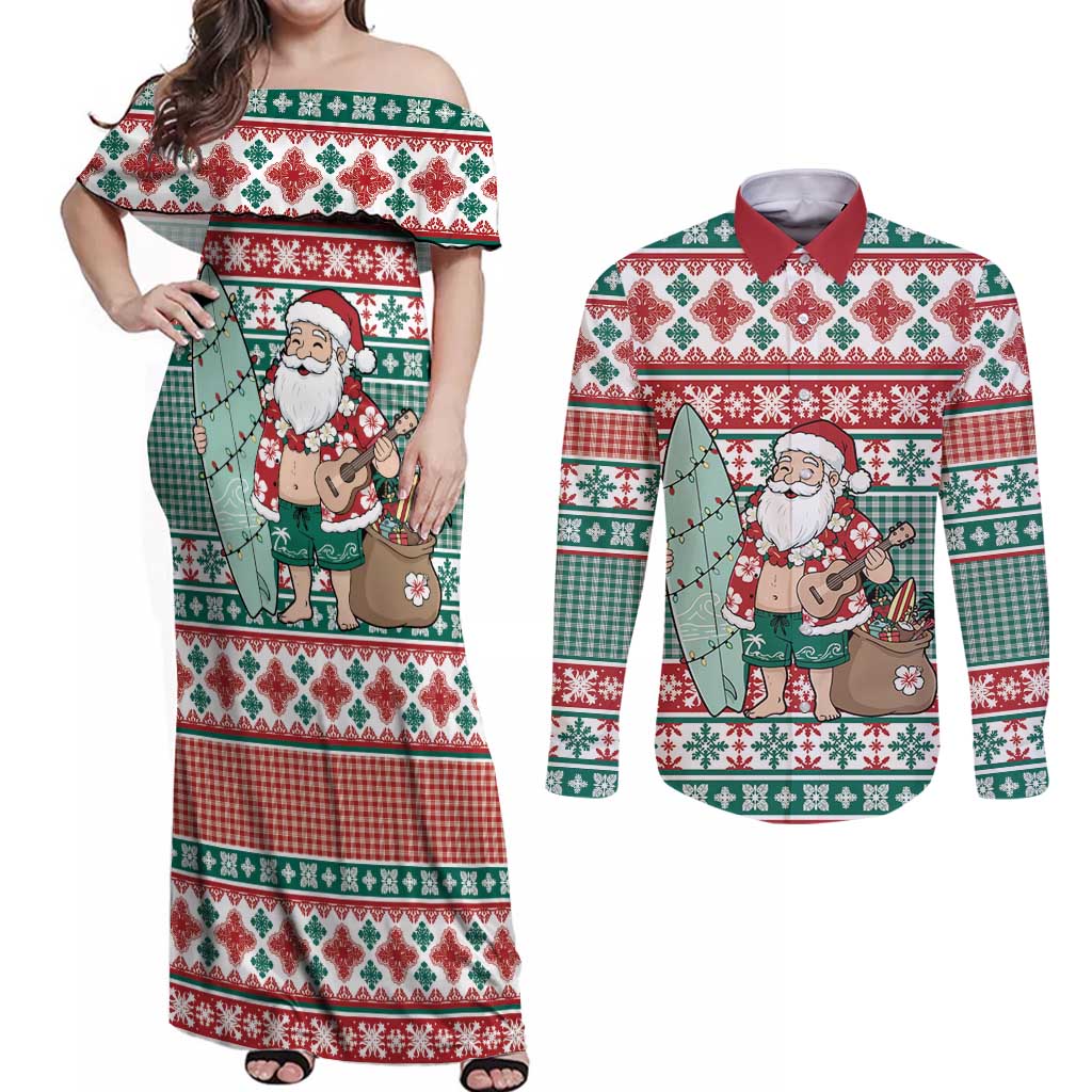 Hawaiian Funny Santa Surf Couples Matching Off Shoulder Maxi Dress and Long Sleeve Button Shirt Mele Kalikimaka Palaka Quilt Pattern - Polynesian Pride