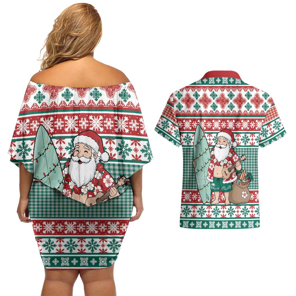 Hawaiian Funny Santa Surf Couples Matching Off Shoulder Short Dress and Hawaiian Shirt Mele Kalikimaka Palaka Quilt Pattern LT9 - Polynesian Pride