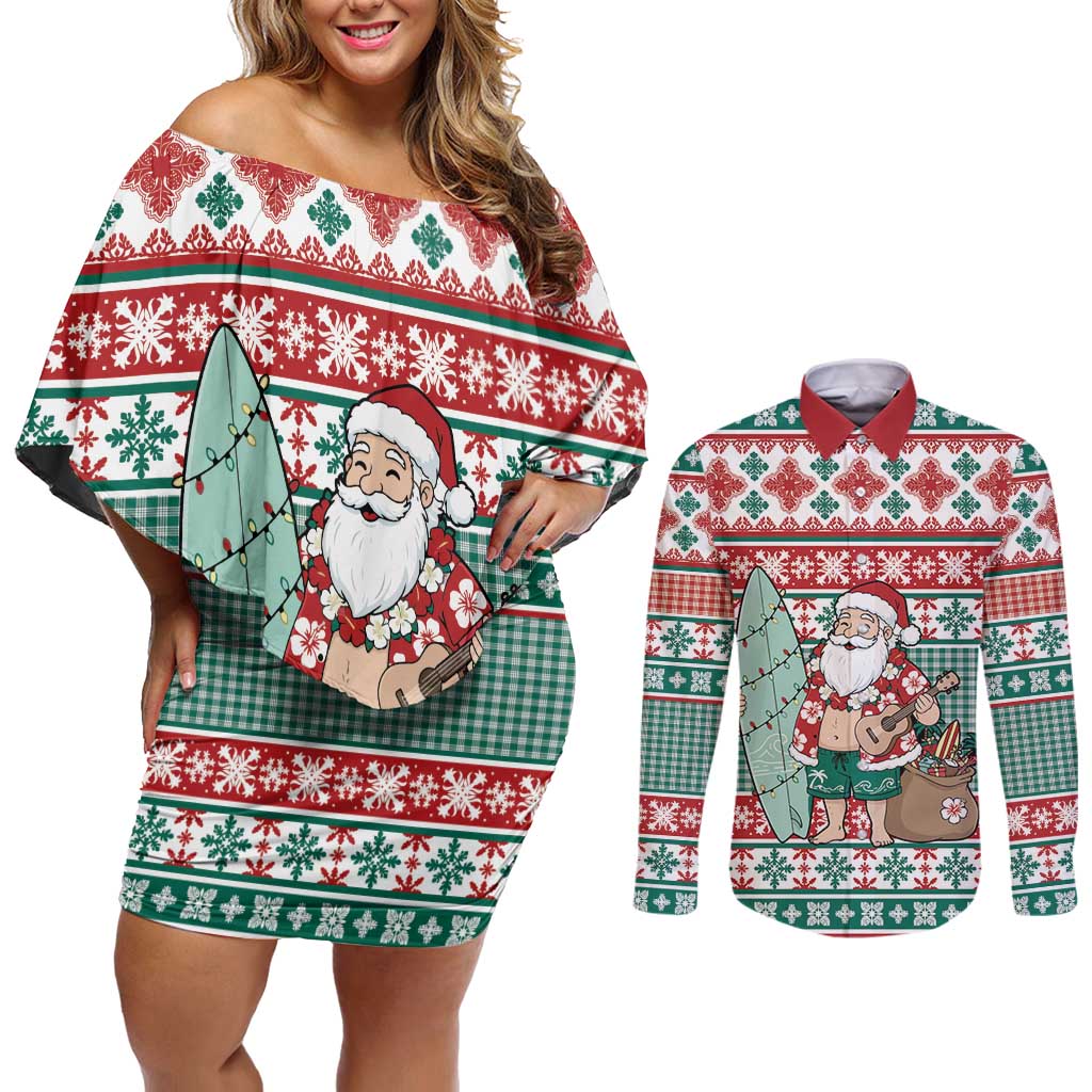 Hawaiian Funny Santa Surf Couples Matching Off Shoulder Short Dress and Long Sleeve Button Shirt Mele Kalikimaka Palaka Quilt Pattern - Polynesian Pride