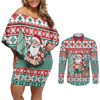 Hawaiian Funny Santa Surf Couples Matching Off Shoulder Short Dress and Long Sleeve Button Shirt Mele Kalikimaka Palaka Quilt Pattern - Polynesian Pride