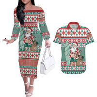 Hawaiian Funny Santa Surf Couples Matching Off The Shoulder Long Sleeve Dress and Hawaiian Shirt Mele Kalikimaka Palaka Quilt Pattern LT9 Green - Polynesian Pride
