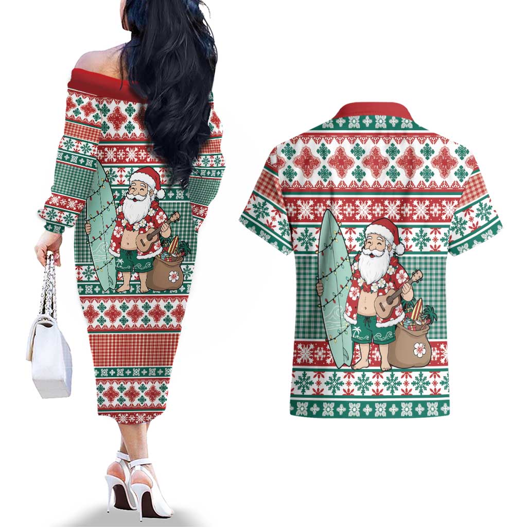 Hawaiian Funny Santa Surf Couples Matching Off The Shoulder Long Sleeve Dress and Hawaiian Shirt Mele Kalikimaka Palaka Quilt Pattern LT9 - Polynesian Pride