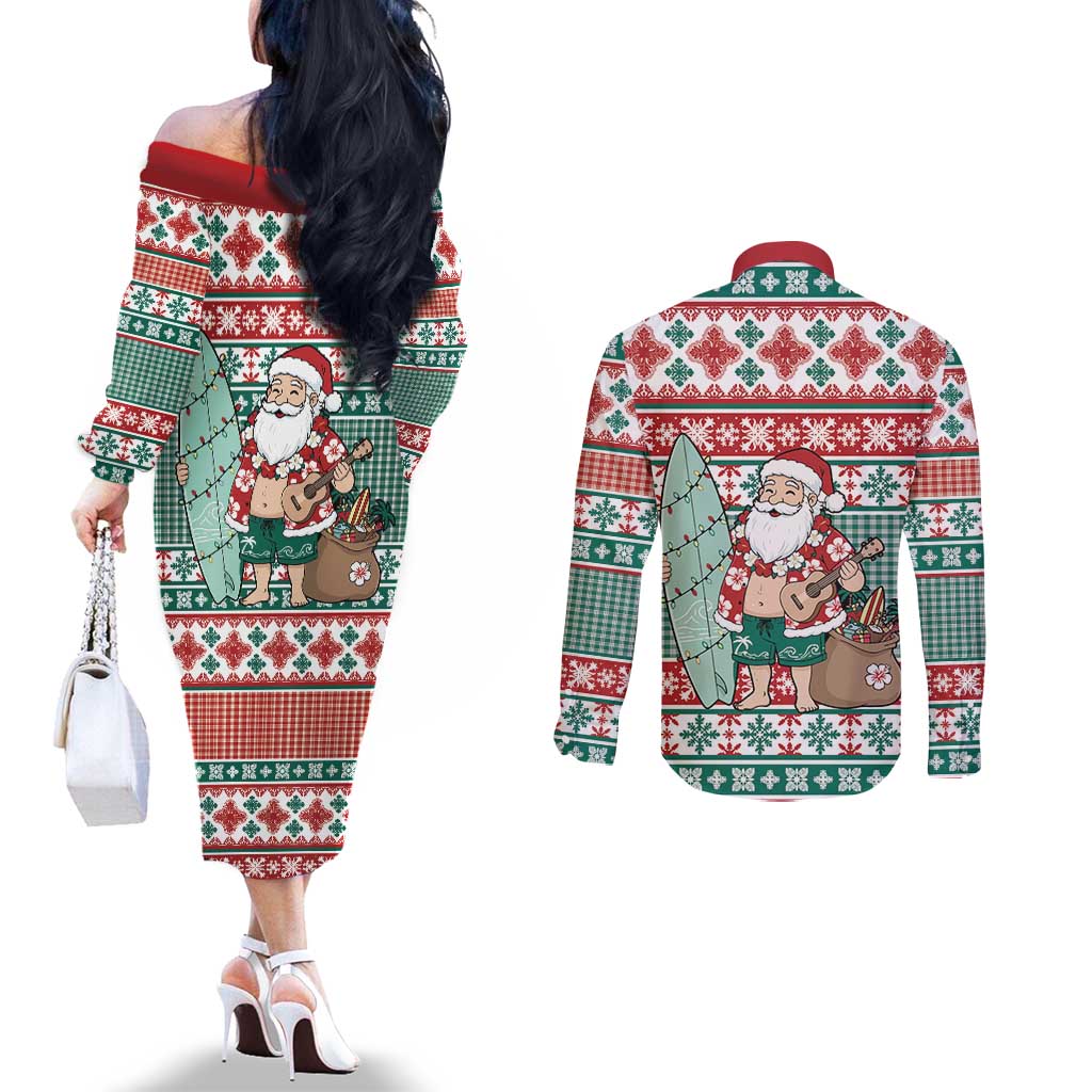 Hawaiian Funny Santa Surf Couples Matching Off The Shoulder Long Sleeve Dress and Long Sleeve Button Shirt Mele Kalikimaka Palaka Quilt Pattern - Polynesian Pride
