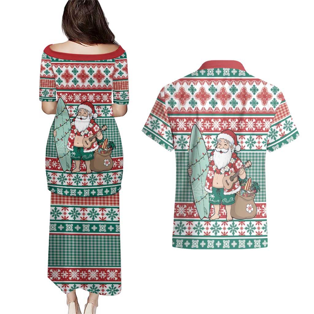 Hawaiian Funny Santa Surf Couples Matching Puletasi and Hawaiian Shirt Mele Kalikimaka Palaka Quilt Pattern - Polynesian Pride